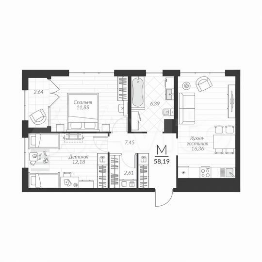3-к. квартира, 58,2 м², 5/5 эт.