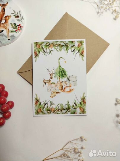 Открытка акварель Новый год 4шт