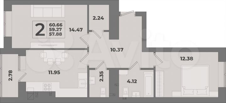 2-к. квартира, 60,7 м², 1/10 эт.