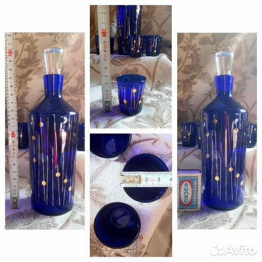 Графин со стопками, креманки, ваза цвета кобальт