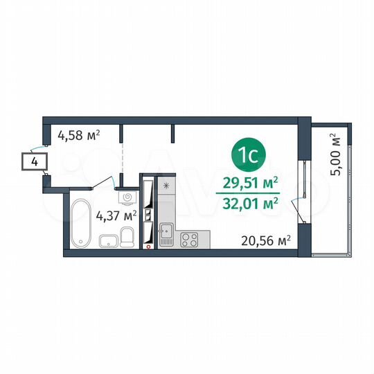 1-к. квартира, 29,5 м², 20/25 эт.