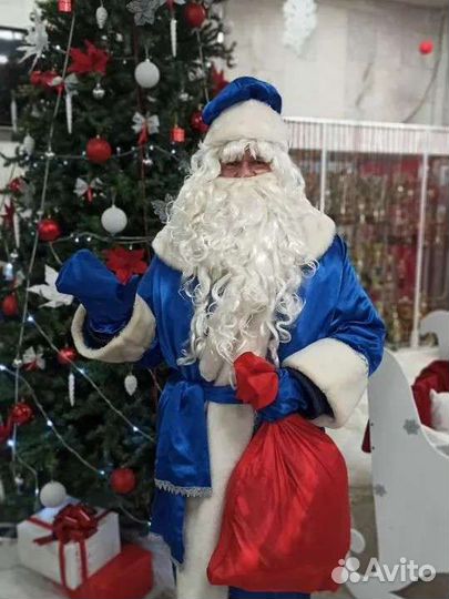 Костюм Деда Мороза, посох, парик, борода, рукавицы