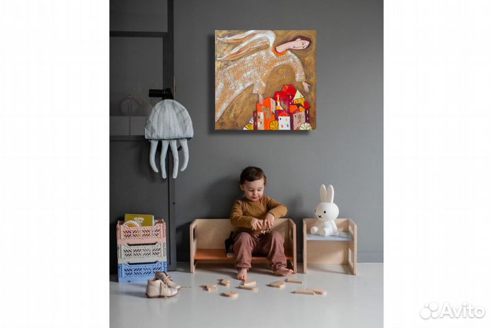 Картина Ангел городской пейзаж маслом 40х40 заказ