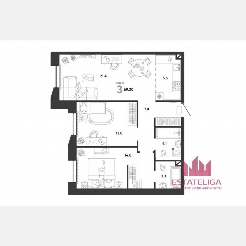 2-к. квартира, 69,2 м², 5/9 эт.