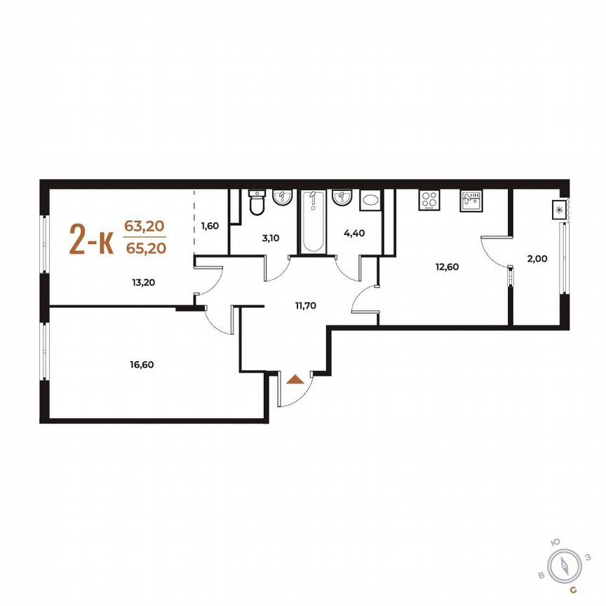 2-к. квартира, 65,2 м², 4/8 эт.