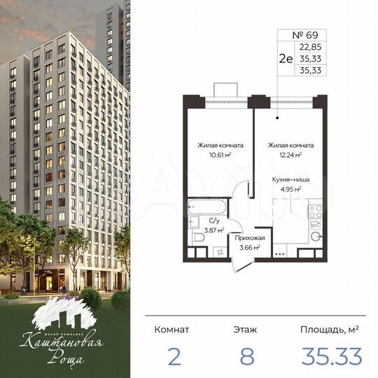 2-к. квартира, 35,3 м², 8/17 эт.