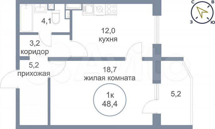 1-к. квартира, 48,4 м², 6/17 эт.