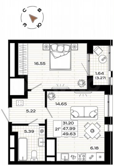 1-к. квартира, 49,6 м², 6/9 эт.