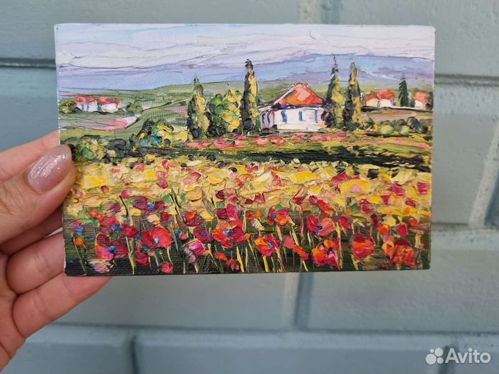 Картина маслом миниатюра Прованс маки пейзаж