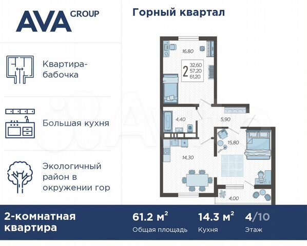 2-к. квартира, 61,2 м², 4/10 эт.