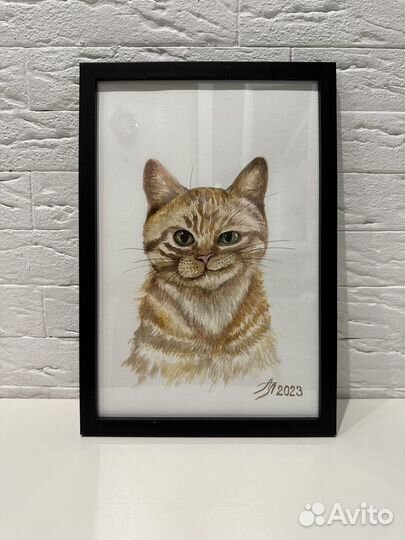 Картина акварелью в раме А4 Рыжий кот