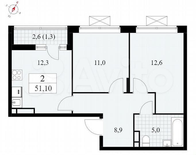 2-к. квартира, 51,2 м², 7/12 эт.