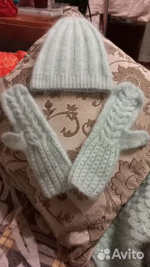 Комплект шапка бини,бактус и варежки из пуха норки
