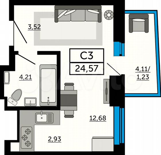 Квартира-студия, 24,6 м², 12/33 эт.