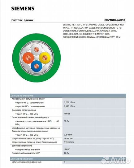 Кабель siemens profinet 6xv 1840 2ah10