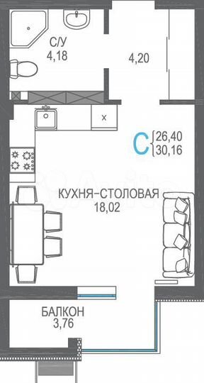 1-к. квартира, 29,6 м², 3/8 эт.