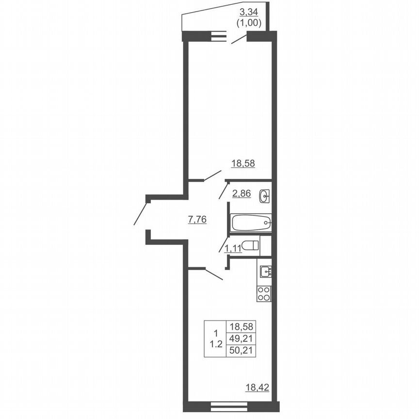 1-к. квартира, 50,2 м², 7/16 эт.