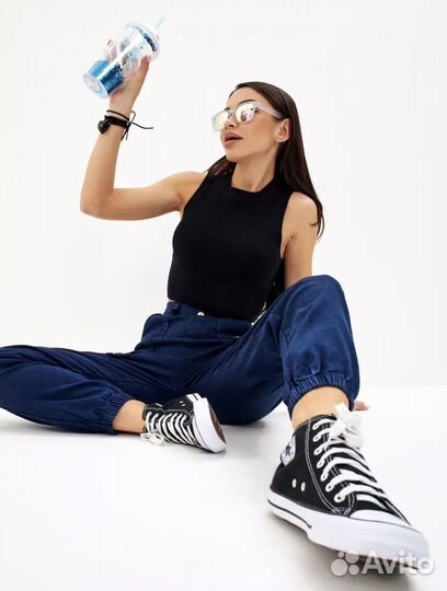 Брюки джоггеры джинсовые летние на резинке 42-44