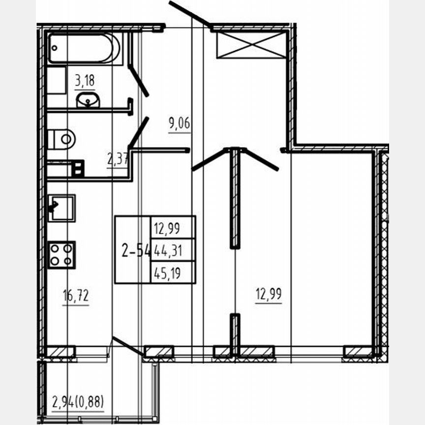 1-к. квартира, 44,3 м², 2/4 эт.