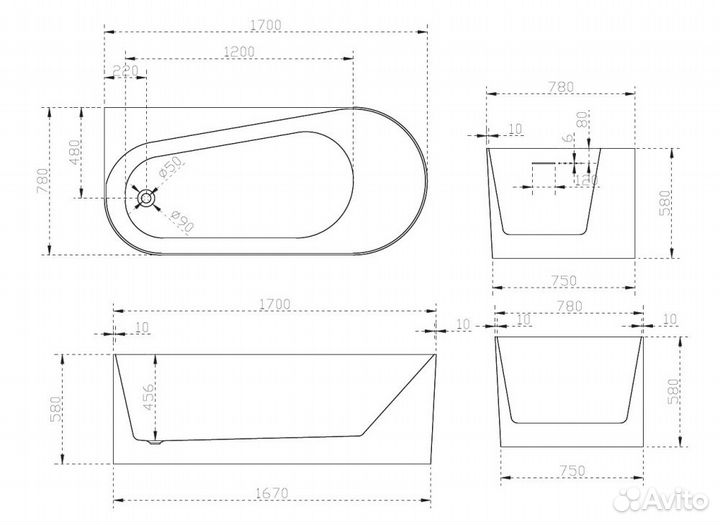 Акриловая ванна abber AB9496-1.7 L