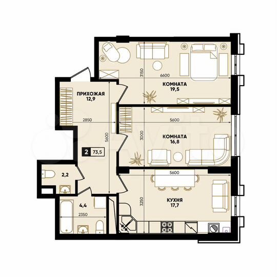 2-к. квартира, 73,5 м², 1/8 эт.