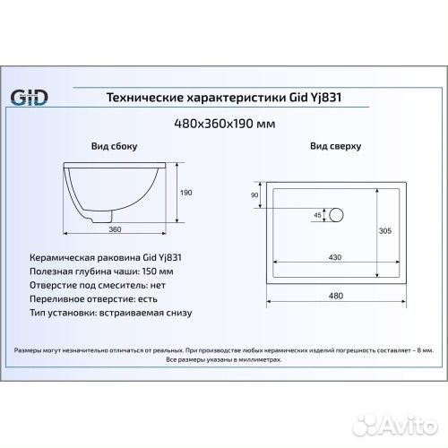 Раковина Gid N YJ831 встраиваемая снизу