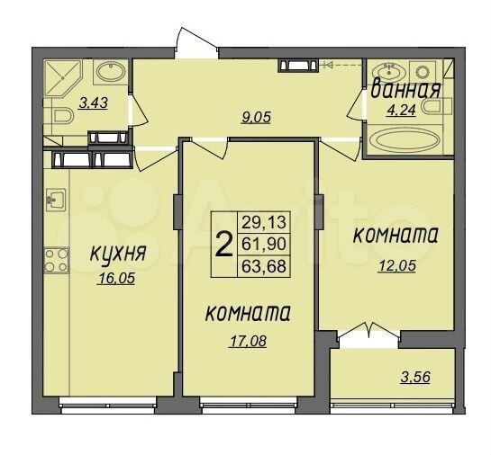 2-к. квартира, 63,7 м², 3/9 эт.