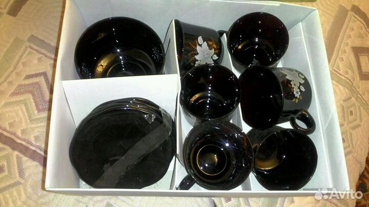 Кофейный сервиз новый из темного стекла