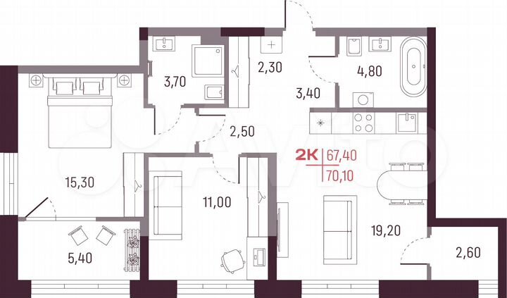 2-к. квартира, 67,4 м², 2/25 эт.