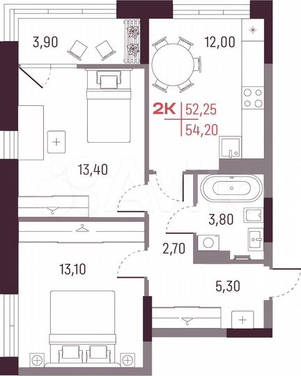 2-к. квартира, 52,3 м², 5/25 эт.