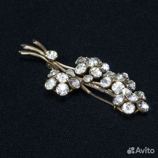 Брошь Ветка, серебро и горный хрусталь, 875 проба
