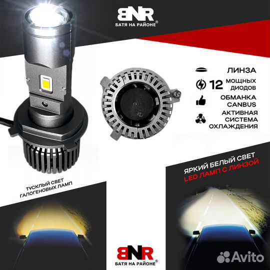 LED лампы с линзой BNR G25 Цоколь Н4 Ближний + дал