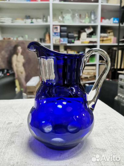 Кувшин синее двуслойное стекло Кобальт СССР (Ч)