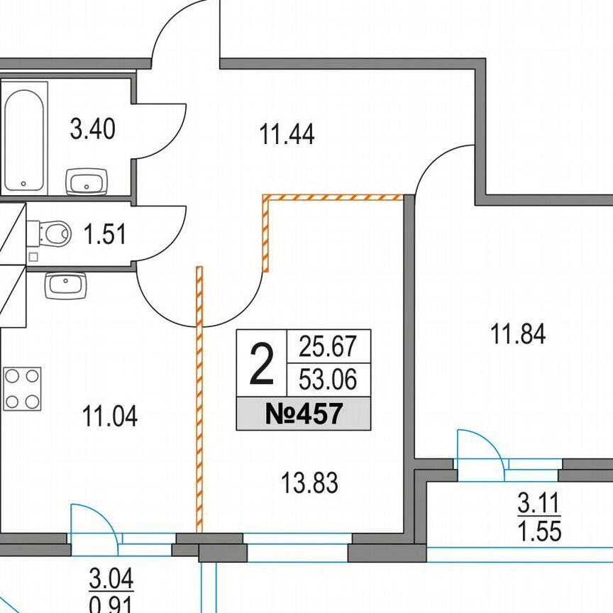 2-к. квартира, 53,1 м², 4/21 эт.