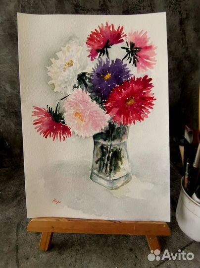 Акварельная картина Астры. Букет осени