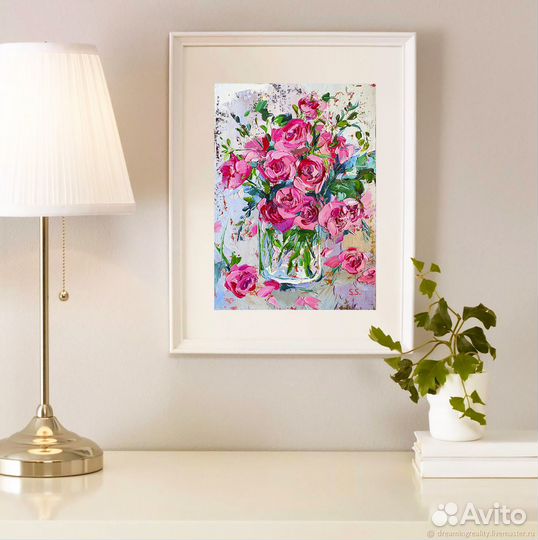 Картина маслом цветы розы букет роз в вазе 40х30см