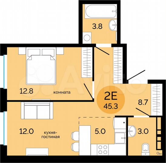 2-к. квартира, 45,3 м², 6/17 эт.