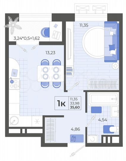 1-к. квартира, 35,6 м², 9/14 эт.