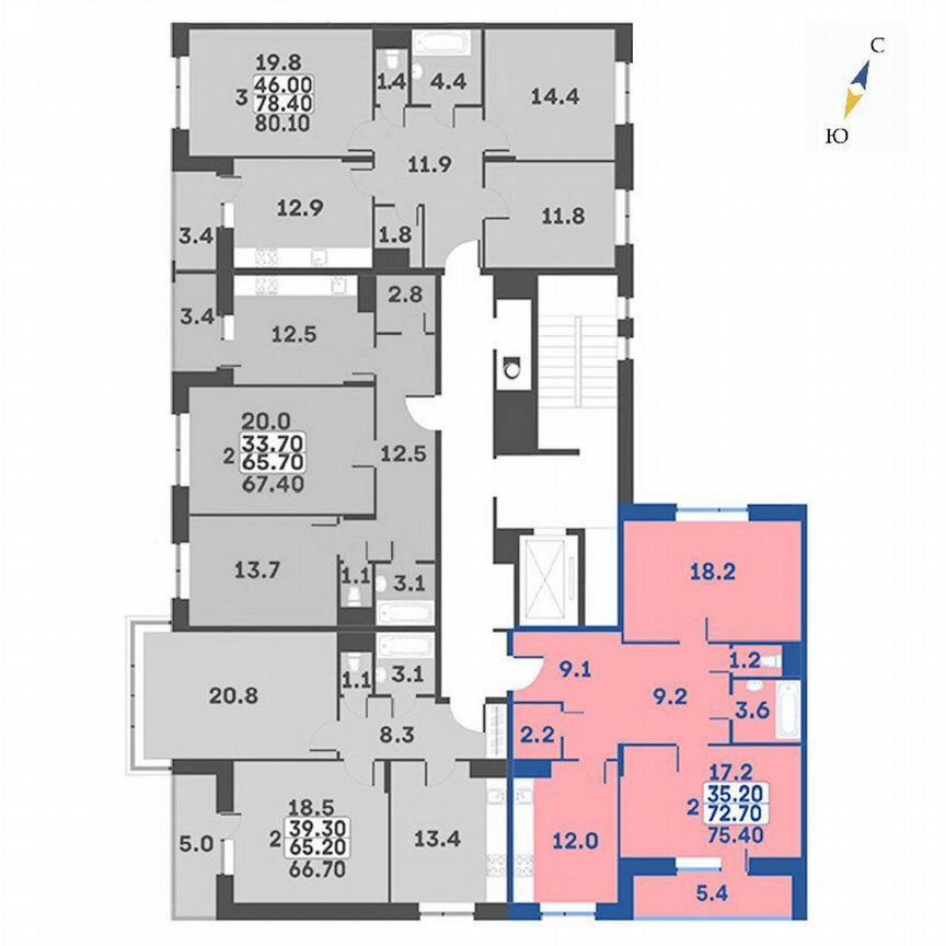 2-к. квартира, 75,4 м², 4/7 эт.