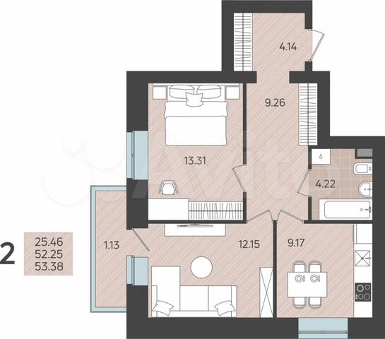 2-к. квартира, 53,4 м², 7/11 эт.