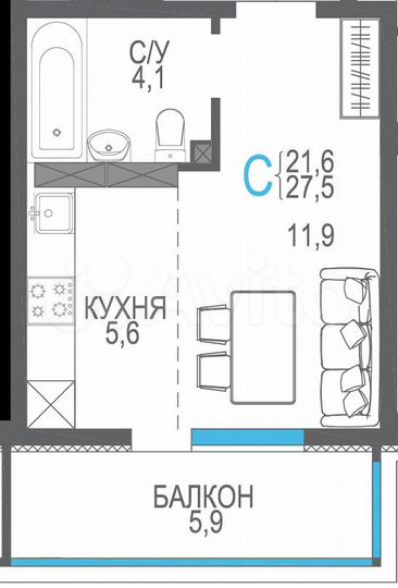 1-к. квартира, 27,5 м², 7/9 эт.