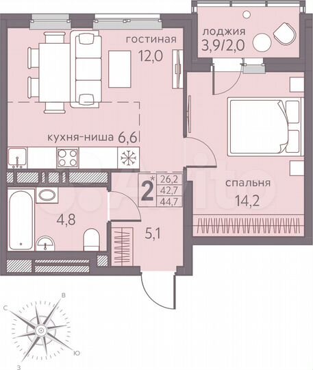 2-к. квартира, 44,7 м², 9/22 эт.