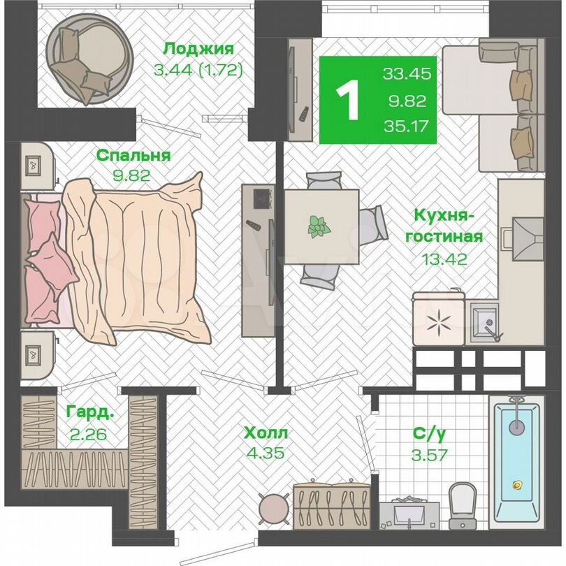 1-к. квартира, 35,2 м², 3/25 эт.