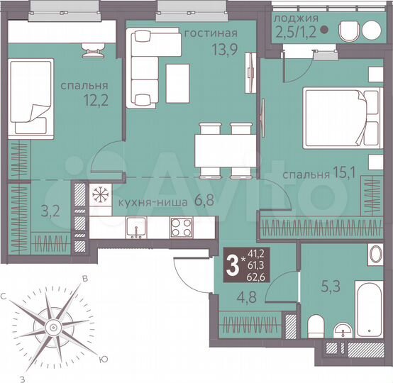 3-к. квартира, 62,6 м², 2/16 эт.