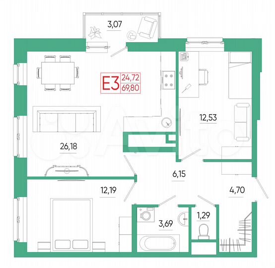 2-к. квартира, 69,8 м², 6/25 эт.