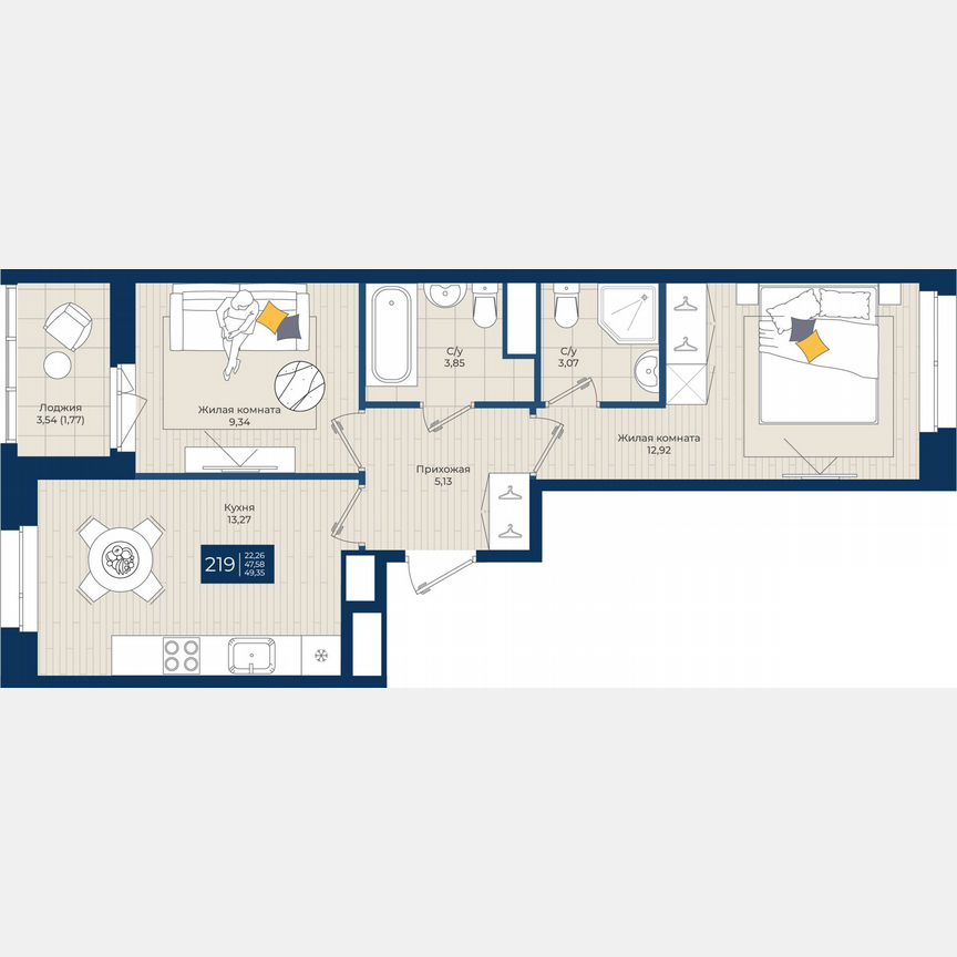 2-к. квартира, 49,4 м², 5/12 эт.