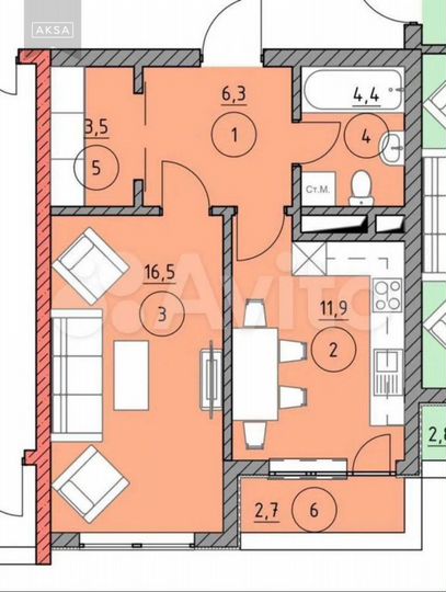 1-к. квартира, 49,5 м², 11/13 эт.