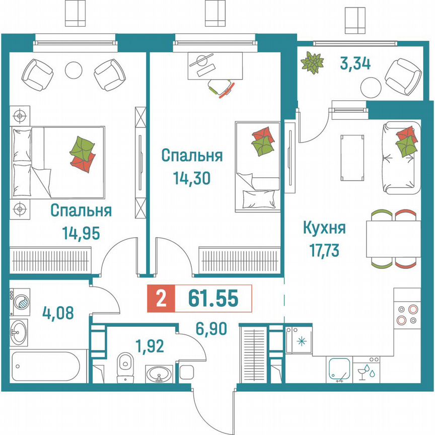 2-к. квартира, 61,6 м², 13/18 эт.