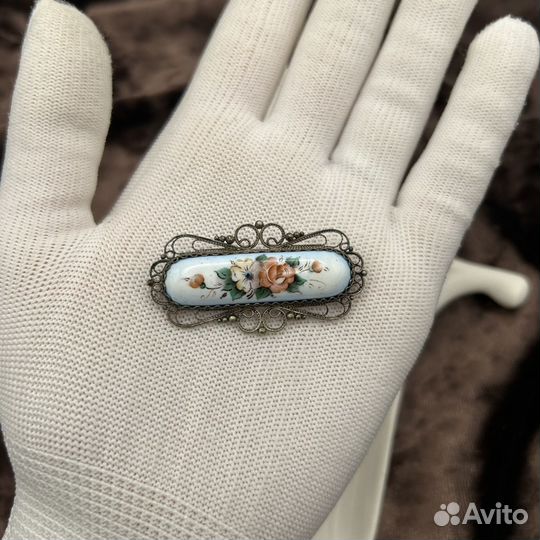 Винтажная брошь, филигрань, ручная роспись