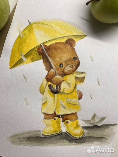 Рисунок акварель Мишка ручная работа